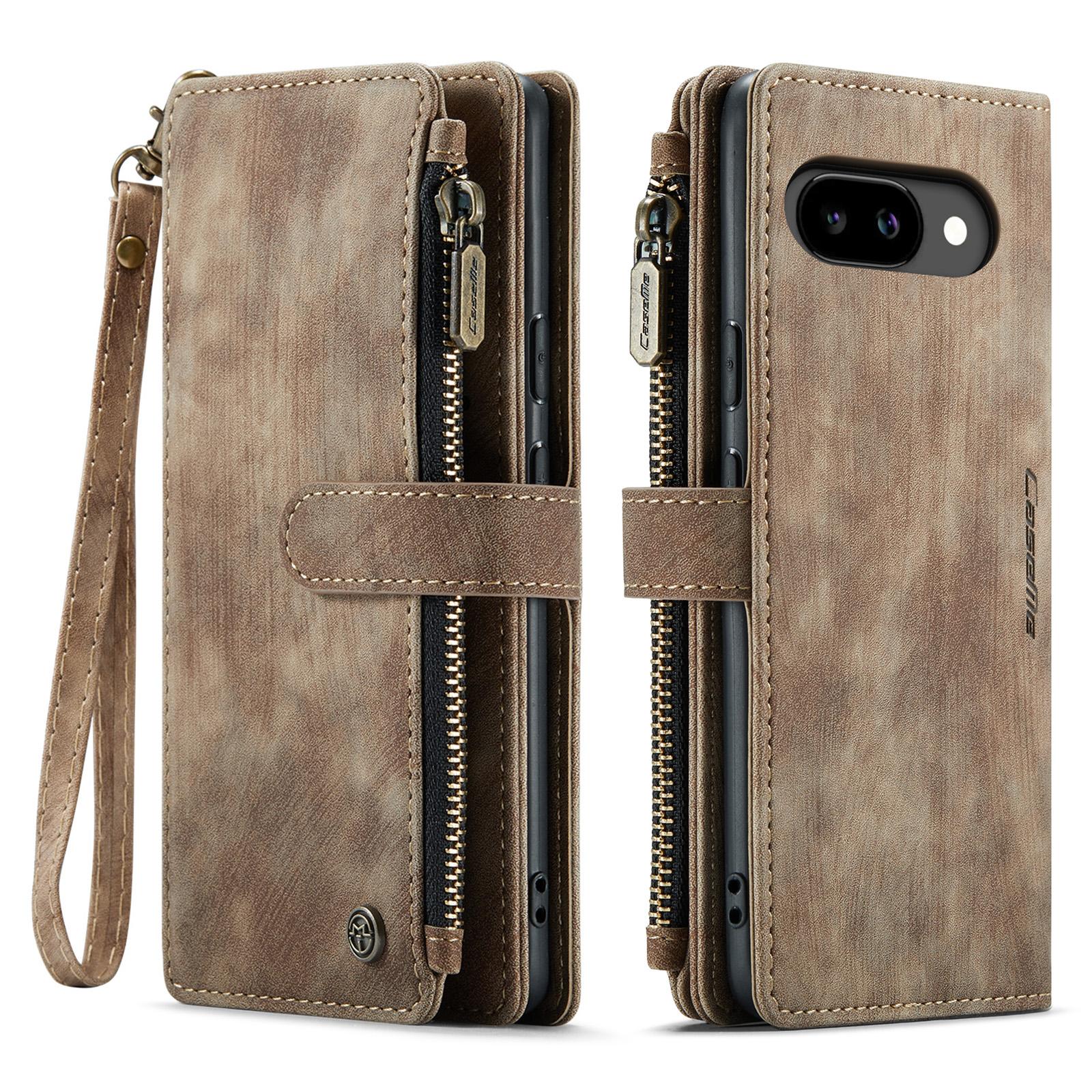 

For Google Pixel 9a Phone Cases with Strap CASEME C30 Zipper Multiple Card Holder PU Leather Cover Brown