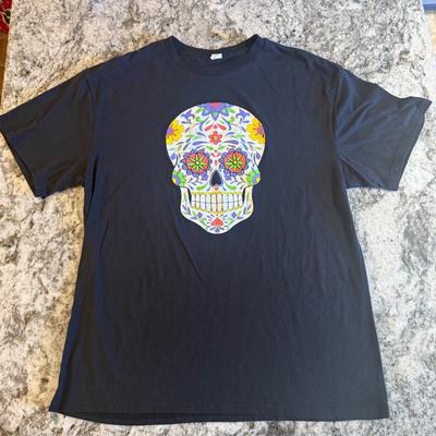 Black Graphic Skull T Shirt Day of the Dead Sugar Skull Print XL