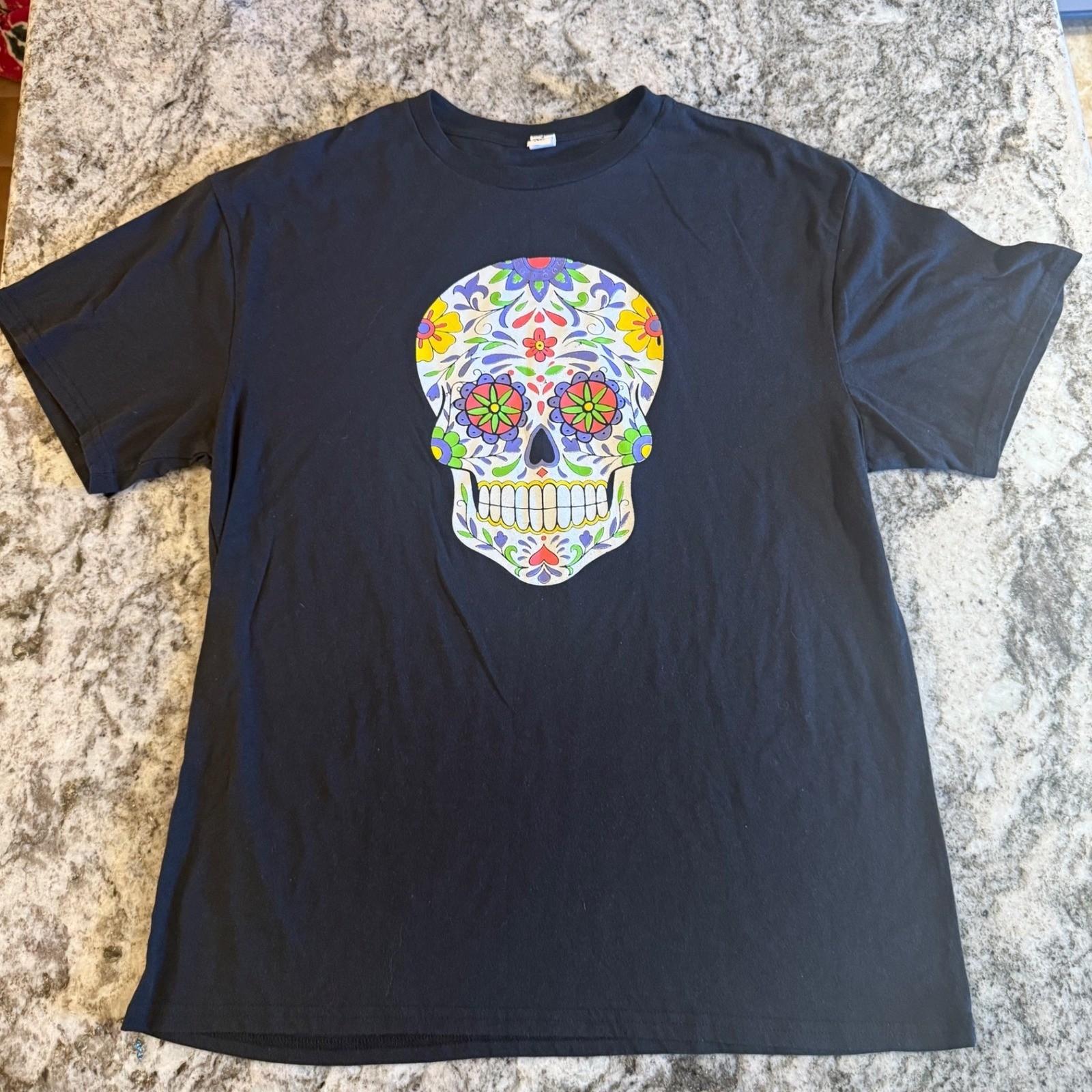 Black Graphic Skull T Shirt Day of the Dead Sugar Skull Print XL S