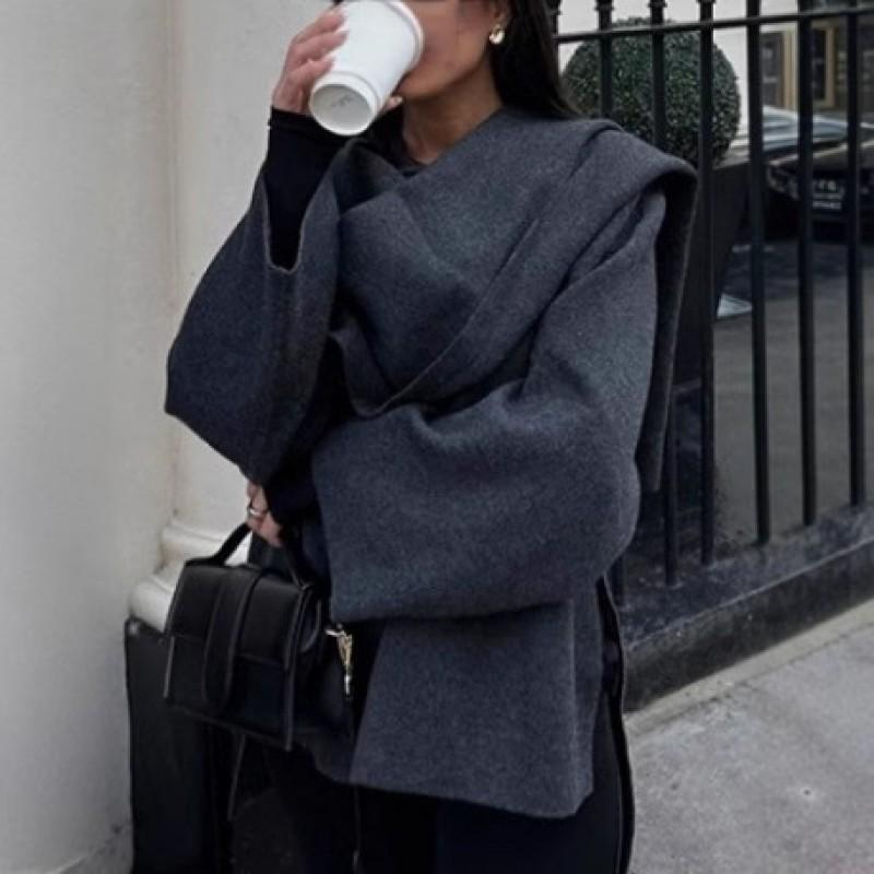 Womens Gray Asymmetric Scarf Collar Short Wool Blend Coat Loose Elegant Winter Outerwear