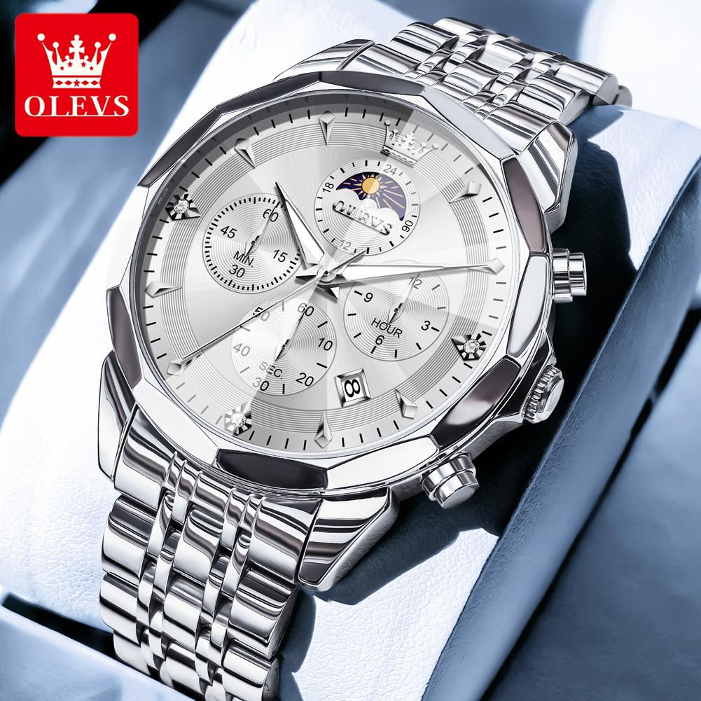 OLEVS Mens Watch Original Business Brand Quartz Watch Rhombus Mirror Waterproof Luminous Automatic Date Moon Phase Watch