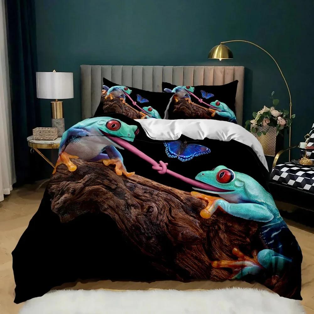 Kurbağa Yorgan Kılıfı Seti Sürüngen Vahşi Yaşam Hayvan Yorgan Kılıfı Genç Yetişkin İkiz Çift Kraliçe Kral Boyutu Polyester Yorgan Kılıfı