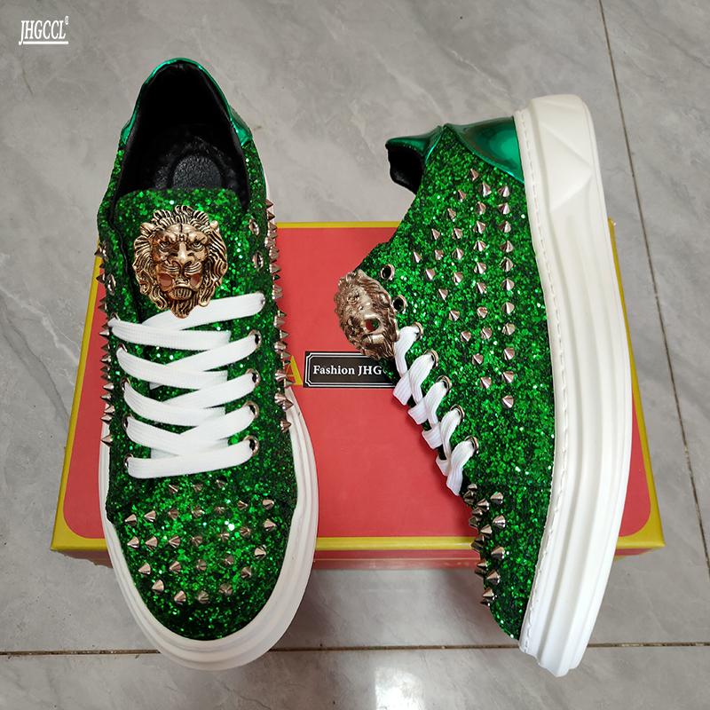 

Модная мужская обувь с заклепками, шипами и пайетками, плоская обувь класса люкс от дизайнера, лоферы в стиле хип-хоп, высокие кеды для занятий спортом и ходьбы, Zapatos Hombre 7 44 зелёный