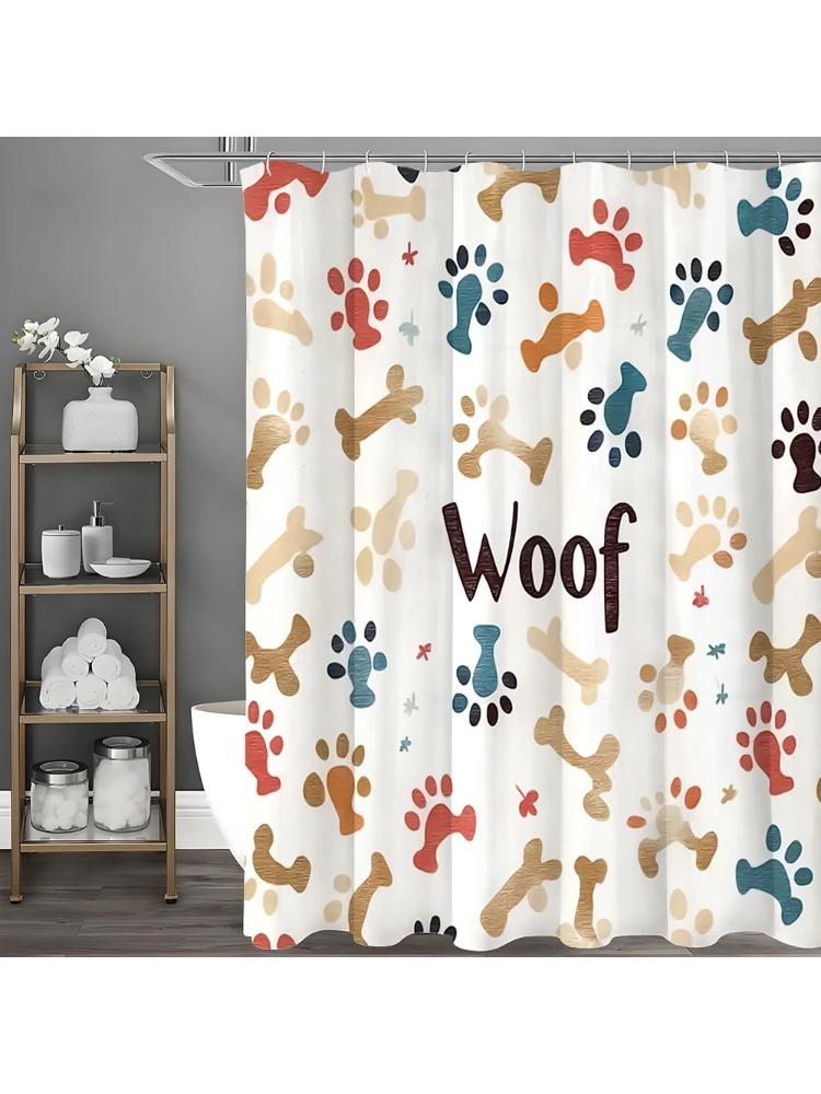 Cartoon Puppy Paw Print Bone Woof Woof Shower Curtain, Bathroom Decorative Shower Curtain, Waterproof Shower Curtain with Hooks W90xH180cm