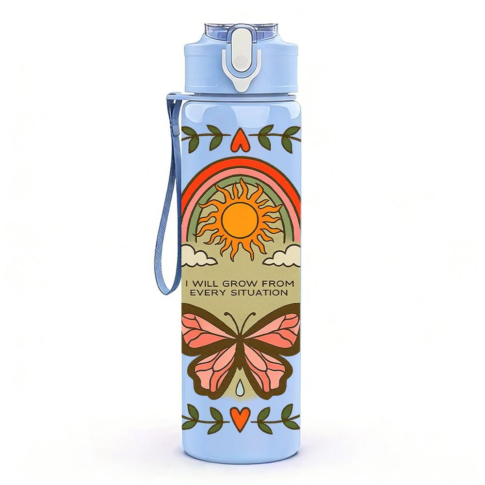 1PC Sun Butterfly Boho Retro Print 750ml Color Plastic Sports Water Bottle Leakproof Flip Straw Lid Suitable for Sports Office Home Use