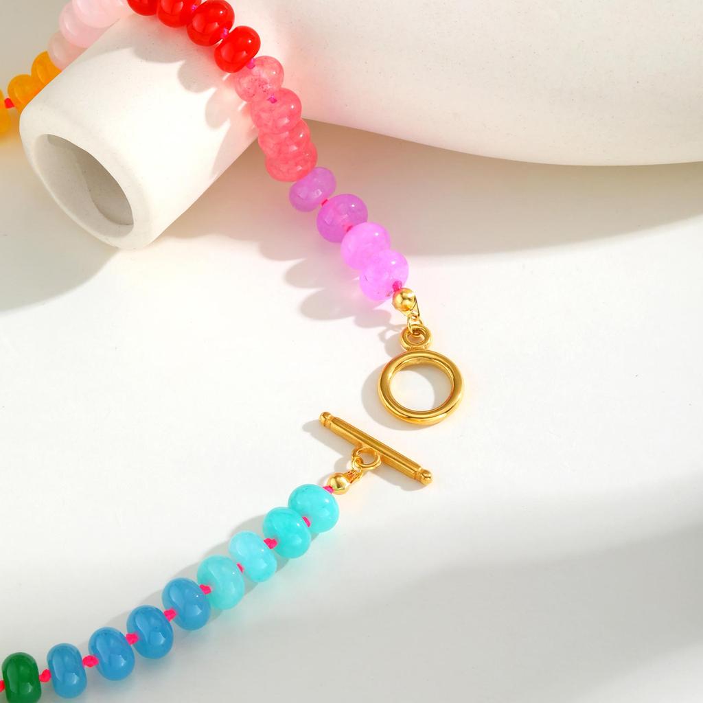 Boho Colorful Natural Stone Necklace for Women, Stainless Steel OT Buckle Rainbow Bead Choker Necklace ,Summer Handmade Jewelry