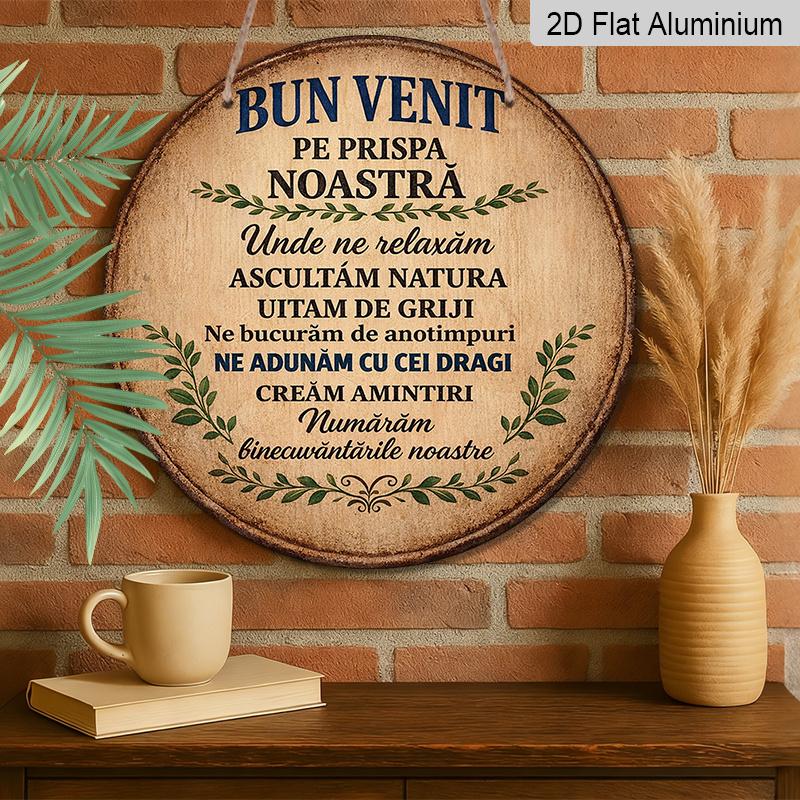 2D Flat - 1pc Aluminum Round Sign, Vintage Plaque About "Welcome", "We Relax, Listen To Nature, Forget Worries, Enjoy Time, Reunite with Loved Ones