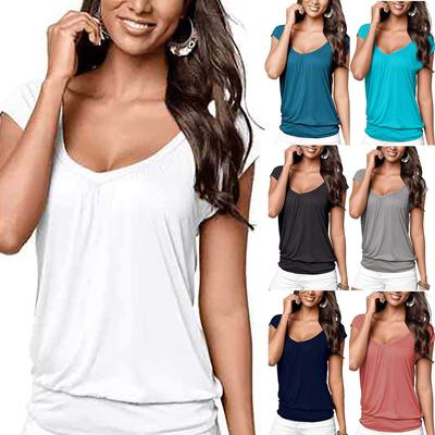 Damen Sommer Locker V-Ausschnitt Einfarbig Elastisch Plissee Kurzarm T-Shirt