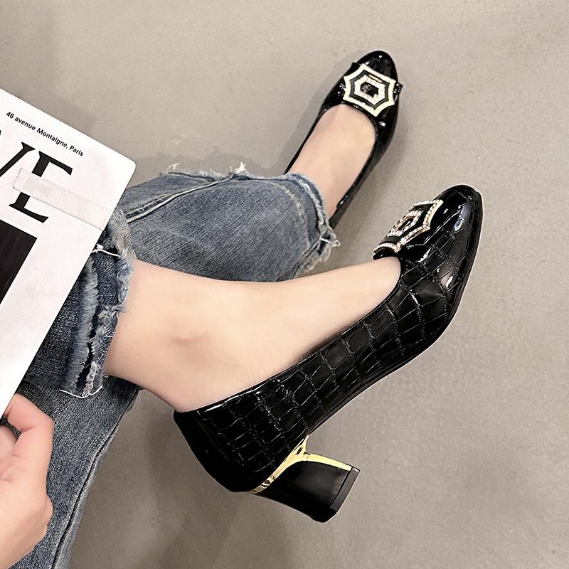 Fashion Spring 2025 New Plus Size High Heeled Shoes Women's Square Head Strap Fashion Dance Metal Buckle with Rhinestone Decoration