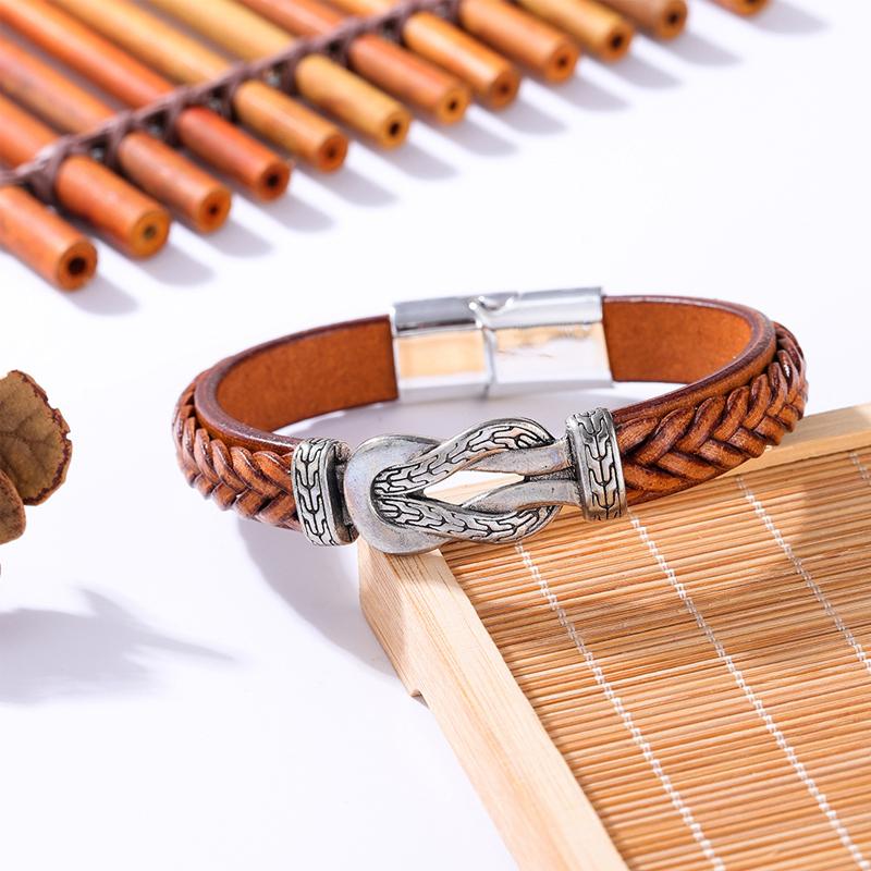 Classic Irregular Leather Bracelet for Men, Stainless Steel Magnetic Clasp Punk Style, Male Bangle Jewelry Gift