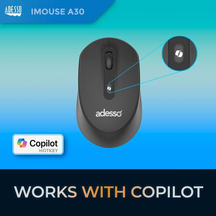 Souris sans fil ambidextre - ADESSO - iMouse A30 - 2,4 GHz - 1200 DPI - Noir - AI CoPilot - 11,7x6,3x3,8 cm