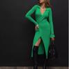 2026 spring new European and American Hepburn style sweater skirt women's lace-up long-sleeved solid color slim-fit dress women