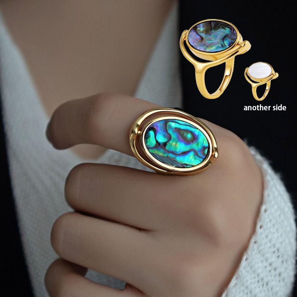 Stainless Steel Geometric Oval Rings Finger Jewelry Rotatable Opal Rings Flippable Rings  Girls