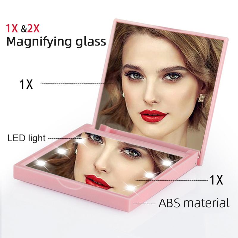 1 Set Led Button Square Folding Mirror Pocket Custom Logo Portable Travel Makeup Mirror