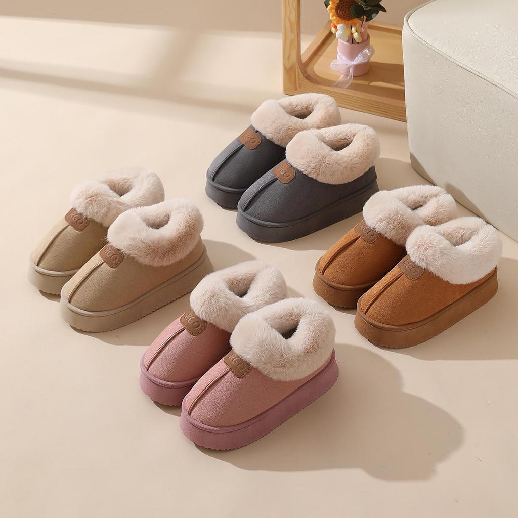 Women's Winter Thick-Soled Non-Slip Fleece-Lined Cotton Slippers - Wool-Lined, Heel-Covering, Outdoor & Indoor Use