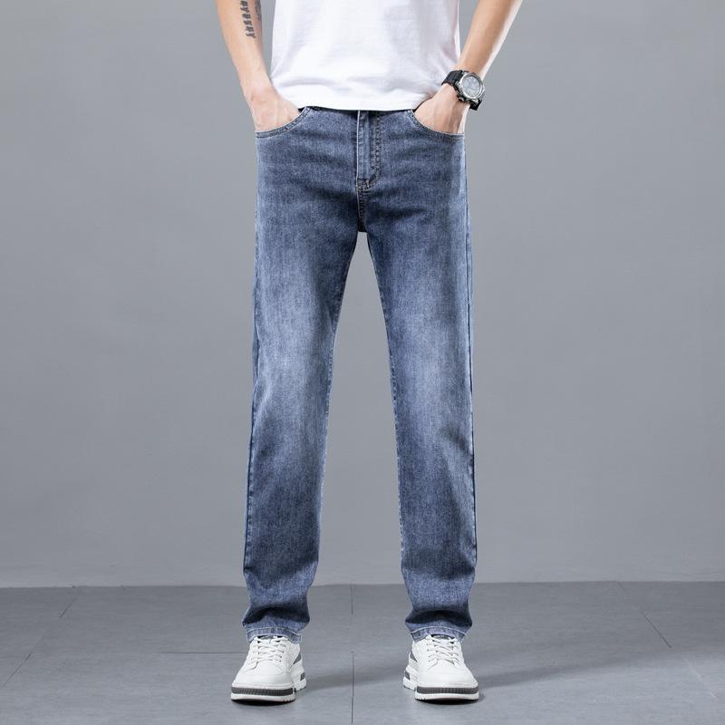 

Летние тонкие выстиранные светлые джинсы для мужчин с эластичной талией, облегающие, прямые, повседневные, универсальные, утягивающие и длинные брюки 38