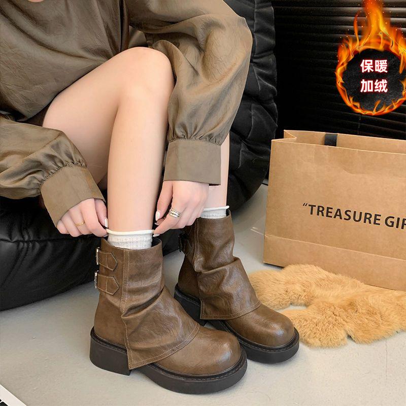 

Vintage rad stack short boots 2024 new autumn and winter platform boots women s brown trousers cowboy versatile Martin boots 35