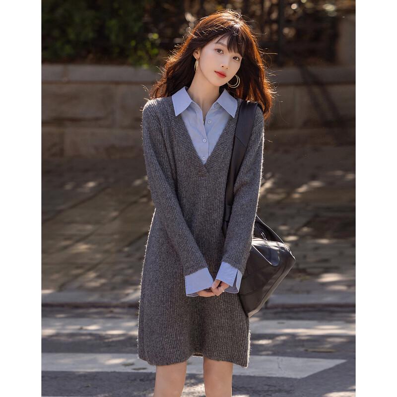 Demana Winter Faux 2-Piece Colorblock Wool Blend A-Line Dress with Belt