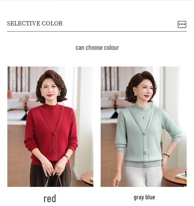 Thickened Velvet Base Layer Sweater: Red Two-Piece Winter Knitwear for Mother/Mother-in-Law