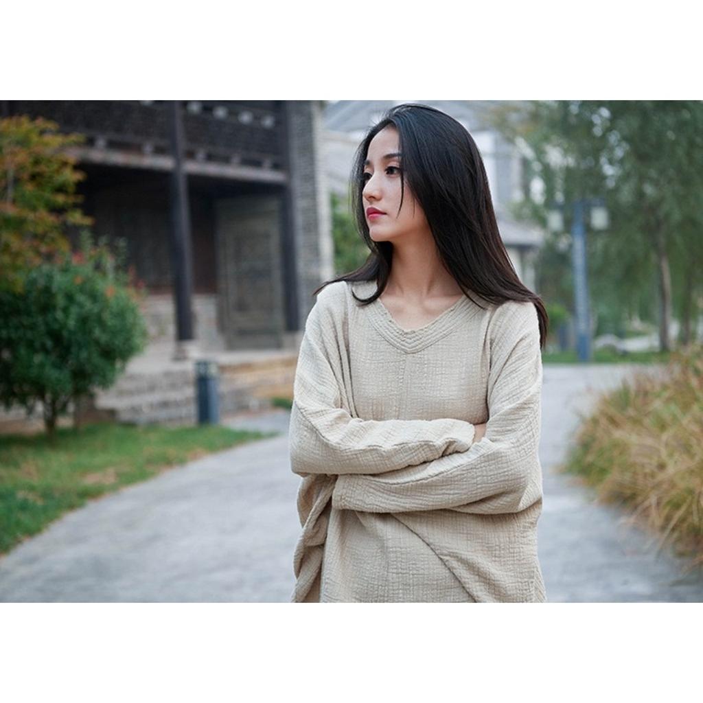 Bat Sleeve T-Shirts Vintage Women Cotton Linen V-Neck Solid Color Women Cloths Casual T-Shirts