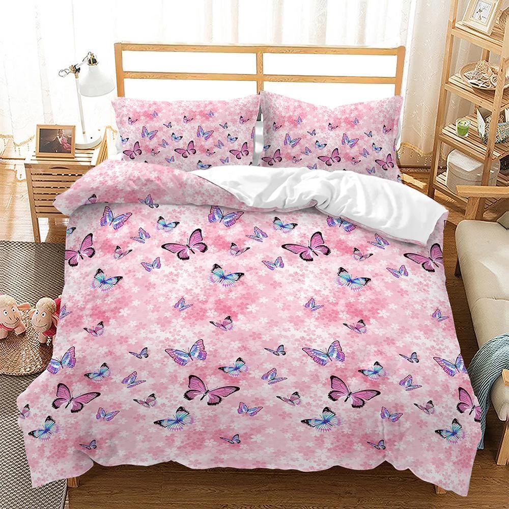 

Pink Butterfly Bedding Set Women Duvet Cover Queen King Double Duvet Cover Pillowcase 2/3 Gift Soft Bedroom Decoration UK Single 135x200cm