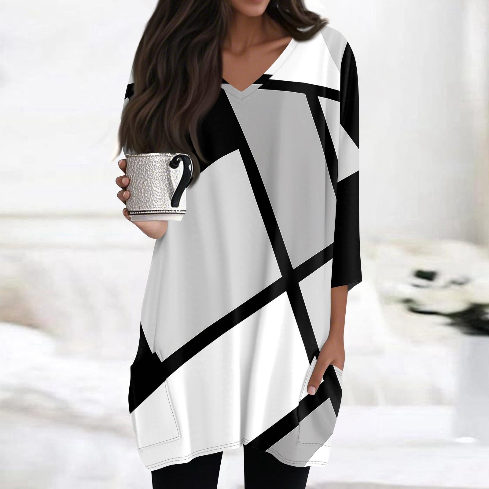 

3/4 Length Sleeve Womens Tops Plaid V Neck Tunic Loose Fit 3/4 Sleeve Tops for Women Soft Womens 3/4 Sleeve Tops Comfortable Style M