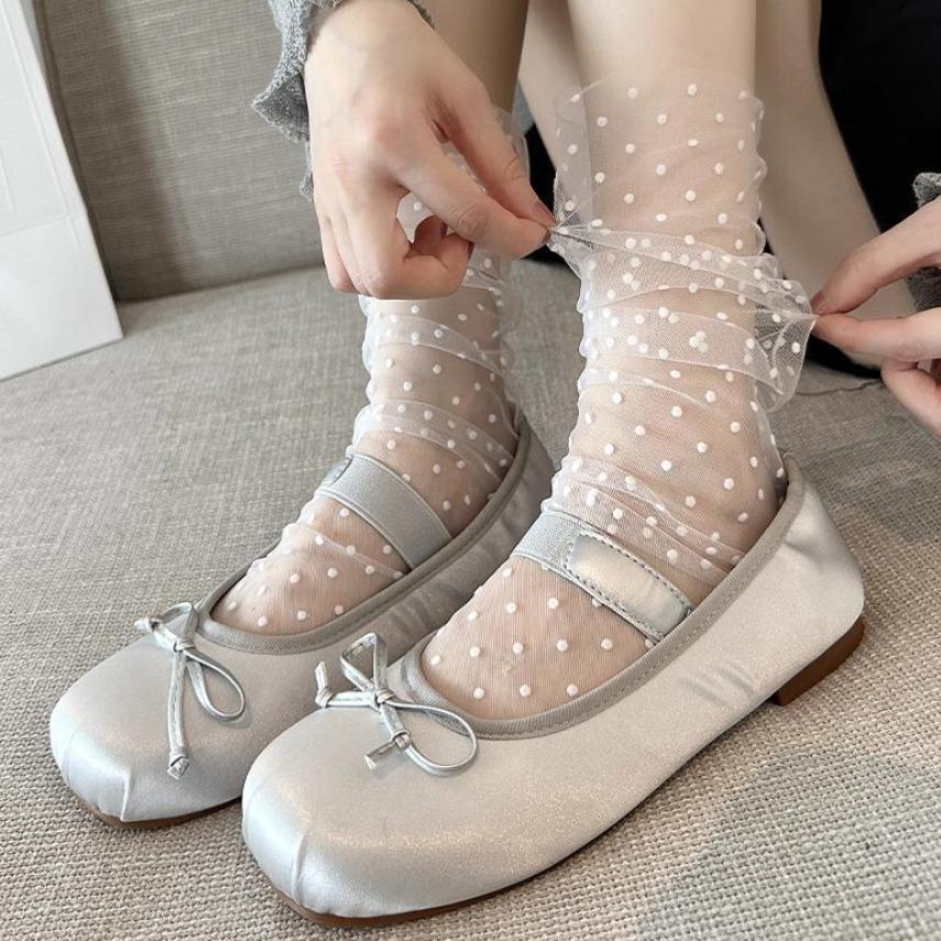Women Summer Ultra Thin Sexy Black Ribbon Bowknot Polka Dots Enchanting Stacked Socks Sweet Sheer Tulle Jk Cute Mid Tube Socks