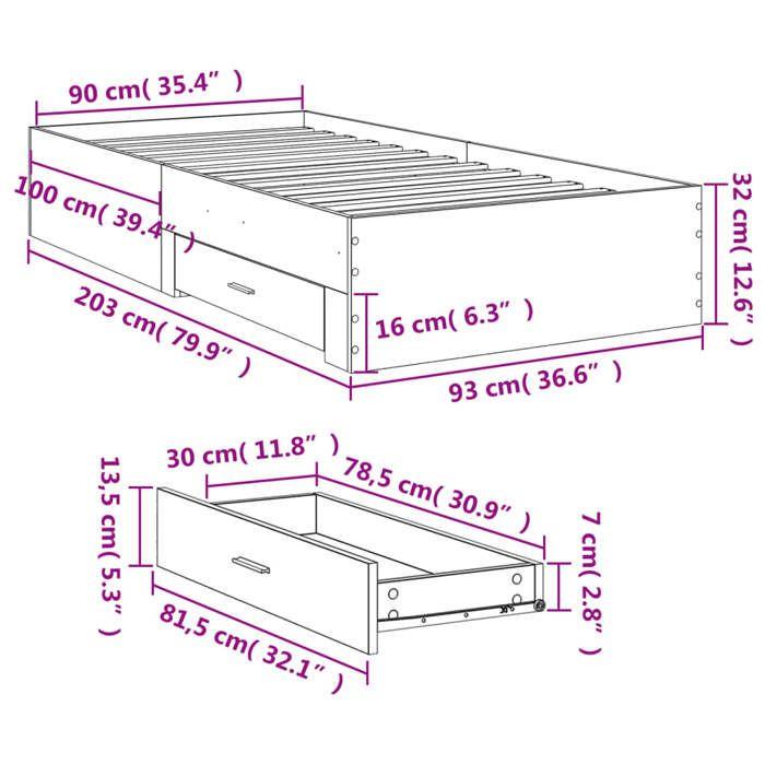VidaXL Bed Frames and Drawers, Slatted Bed Base, Adult Bed, Single Bedroom Bed Interior, Sonoma Grey 90x200 3280431