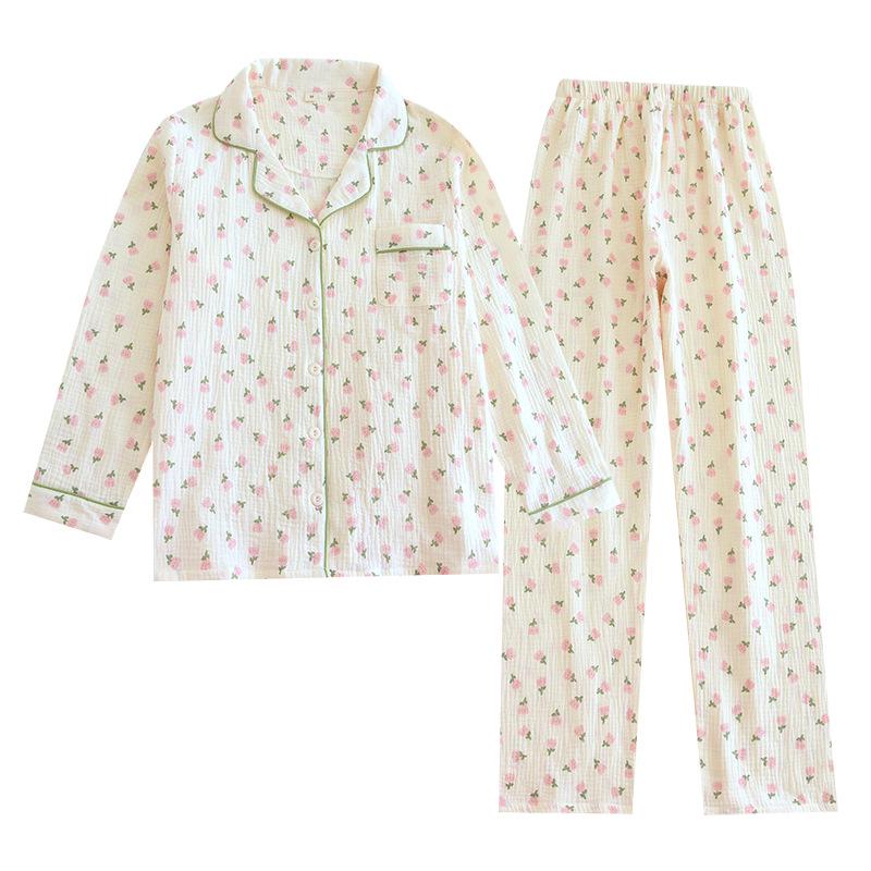 Women's Floral Crepe Pajama Set - Long Sleeve, Turn-Down Collar, Double Layer Gauze, Spring/Autumn Sleepwear
