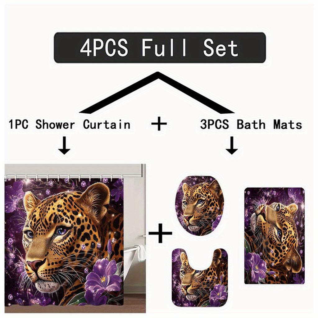 4-Piece Modern Simple Leopard And Flower Pattern Shower Curtain Set Bathroom Curtains, Bathroom Decorative Shower Curtains, Floor