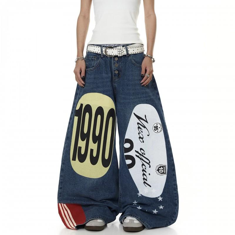 American Hip Hop Graffiti Print Denim Shorts Loose Wide Leg Jeans Teens