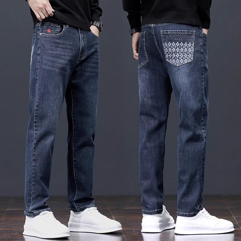 Spring And Autumn Winter New Men'S Plush Jeans Slimming Straight Stretch Business Versatile Long Pants