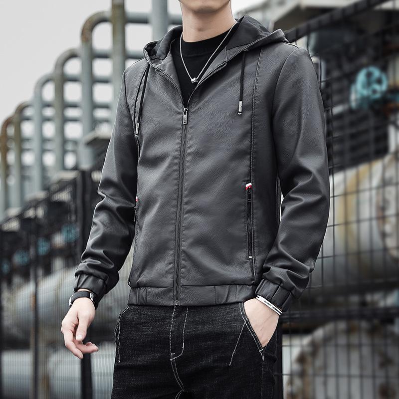 Men's Hooded Leather Jacket: New Korean Style, Velvet Finish for Spring/Autumn, Trendy Casual Motorcycle & Workwear Jacket