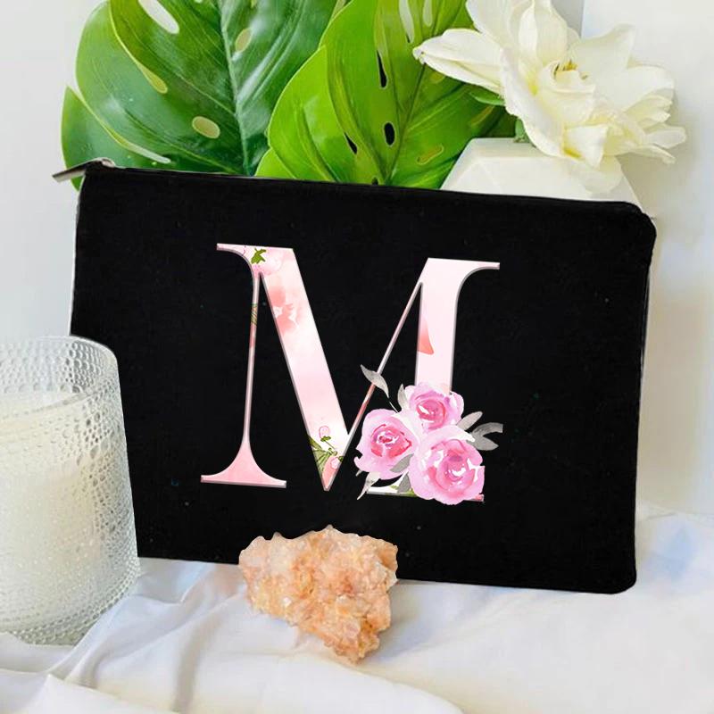 Damen Tasche Make-up Tasche Brautjungfer Make-up Taschen Blumen Alphabet Druck Leinen Reißverschluss Tasche Reise Organizer Etui Mujer Bolsas Kosmetik