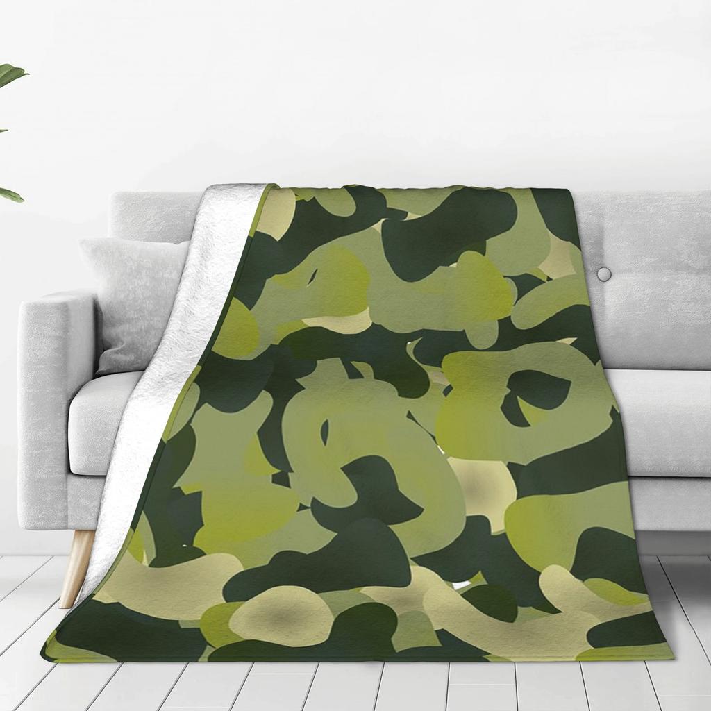 Flannel Throw Blanket Green Camouflage Army Camo Warm Plush Blankets Soft Bedspread for Bed Living Room Home Travel Couch