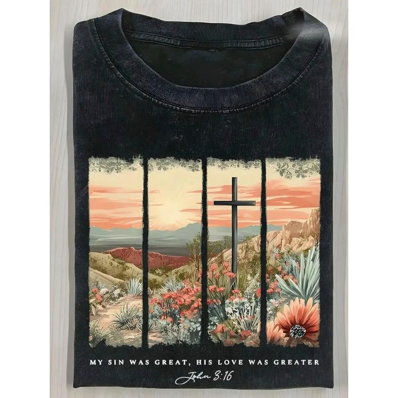 

Men S Washed Retro Graphic T-Shirt - His Love Is Greater Desert Landscape Print with John 316 Bible Verse, Loose Fit Short Sleeve Round Neck Tee 5XL чорний