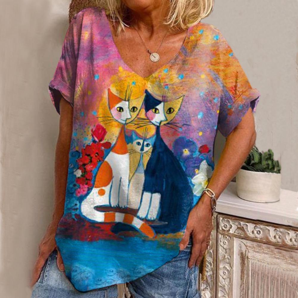 3D V-neck Women's T-shirt Cute Cat Pattern Printed Short Sleeve Summer Kawaii Fashion Casual T-shirt Funny Women's Wear