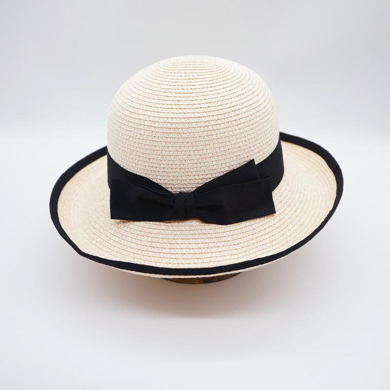 Small Fresh Bow Beige Curled Edge Small Straw Hat Women'S Summer Sunshade Sunscreen Vacation Beach Sun Hat Tide