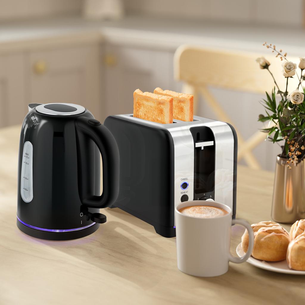 Simple Polished Toaster and Kettle Set - Black
