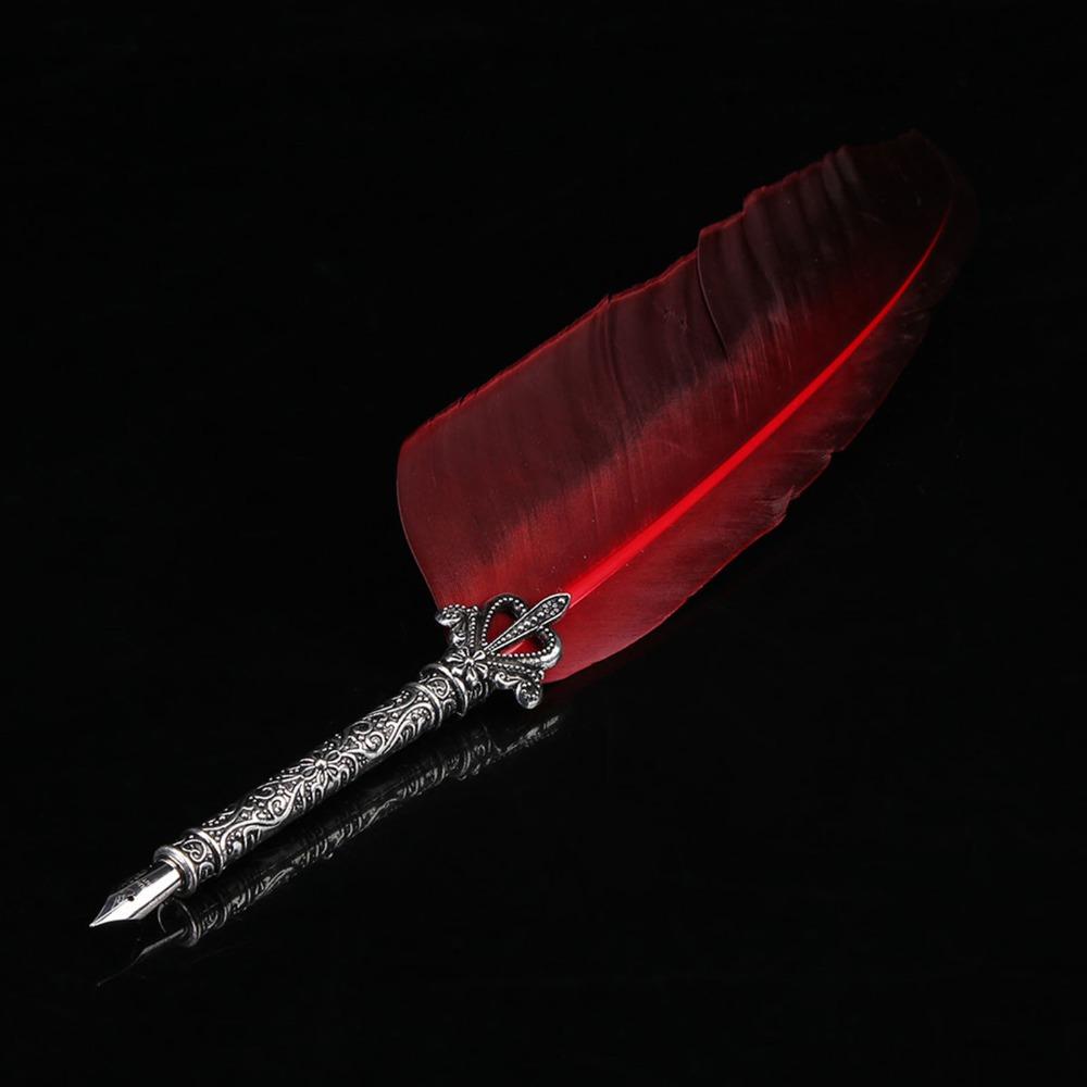 Without Ink Calligraphy Feather Dip Quill Pen with 5 Replacement Nibs Carved Base Quill Pen Set Retro Style Multiple Colors