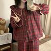 Christmas Red Plaid Lace Pajama Set: Large Lapel, Long Sleeve & Pants for Girls – Perfect for Autumn & Spring