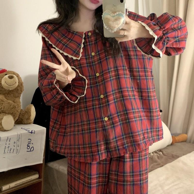 Christmas Red Plaid Lace Pajama Set: Large Lapel, Long Sleeve & Pants for Girls – Perfect for Autumn & Spring