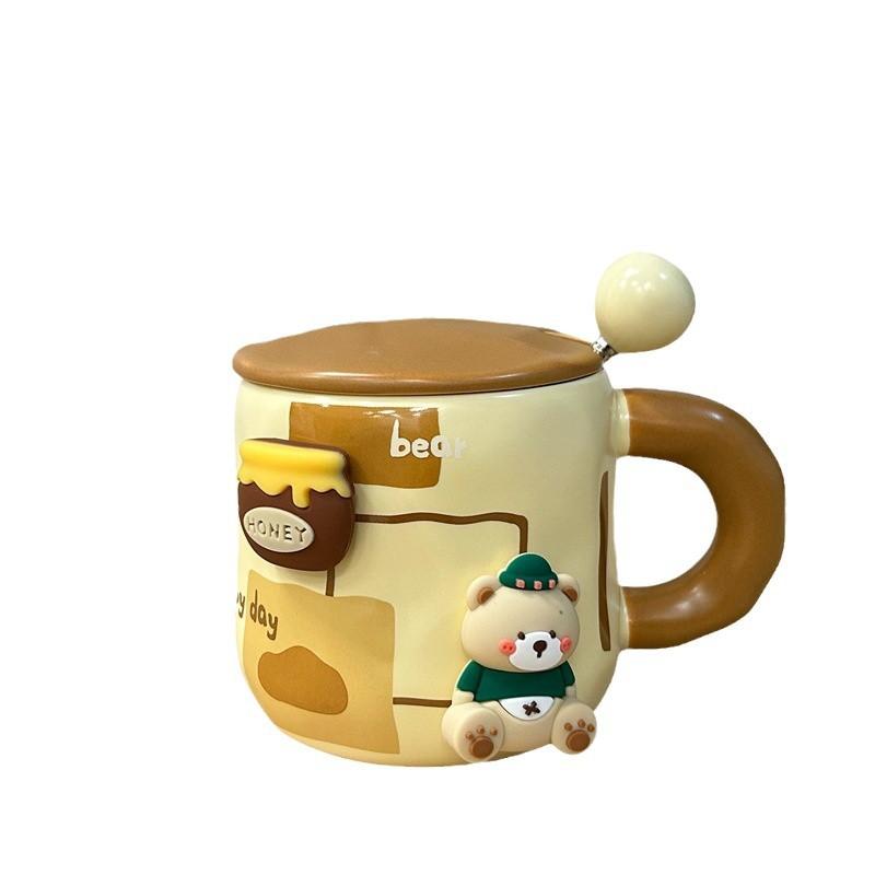 High Value Mug with Lid Spoon Cartoon Bear Ceramic Cup for Girls Birthday Gift High end Office Water Cup