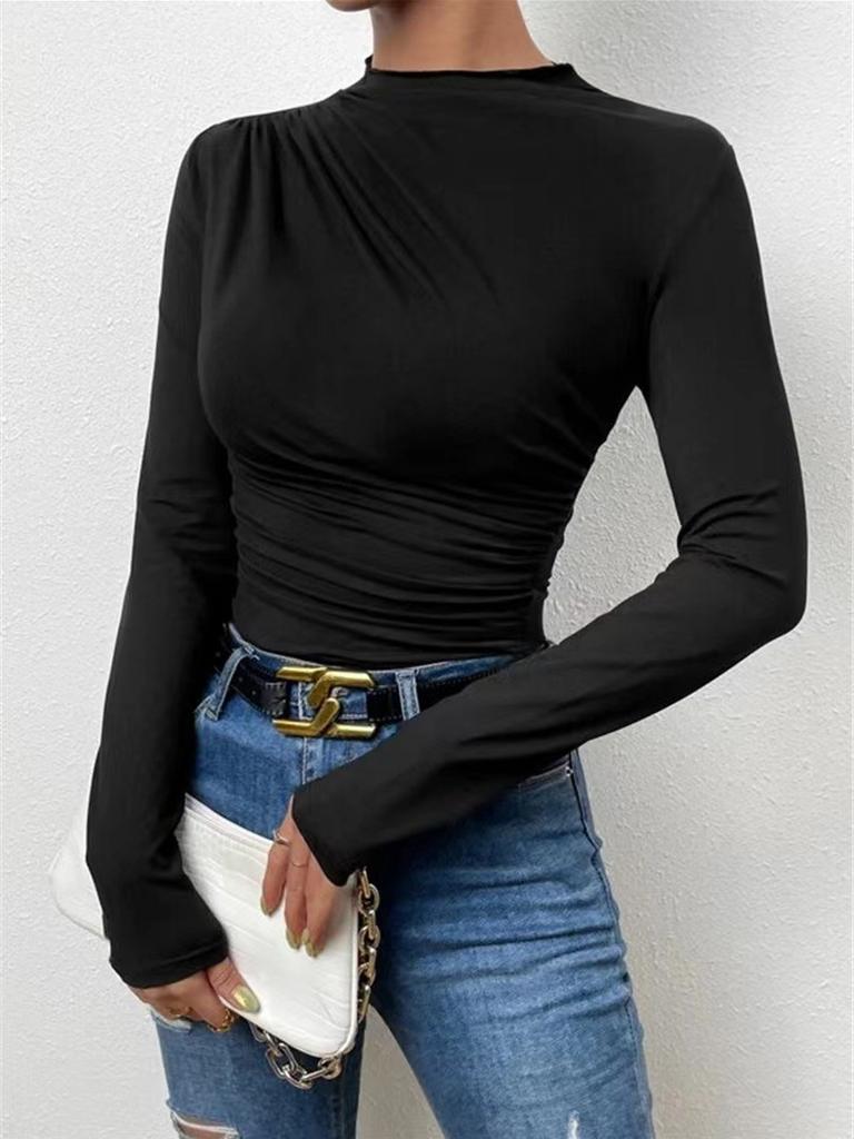 Summer Solid Color Crew Neck Slim Fit Cami Top with Pleated Design Women's Long Sleeve Shirt