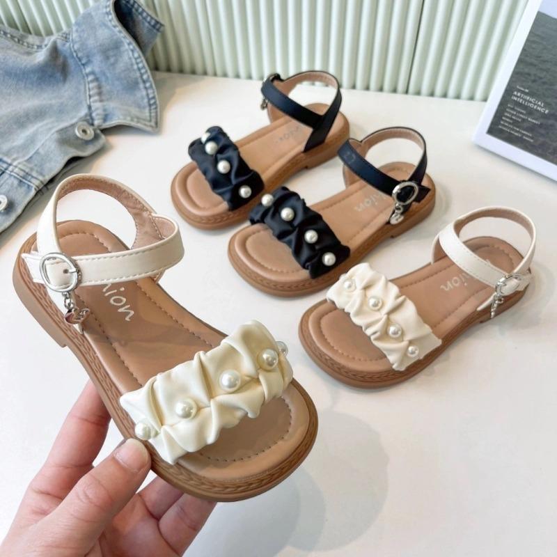 Dívčí plisované sandály s perlami otevřené špičky dětské princeznovské boty Mary Janes na párty svatbu dětské letní plážové boty jednoduché
