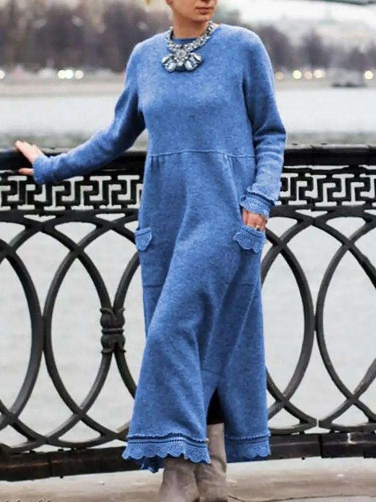 Yeni Sonbahar ve Kış Gevşek Uzun Etek Artı Kadife Sweatshirt Günlük Elbise Kadın Moda Düz O Yaka Uzun Kollu Tatil Elbisesi