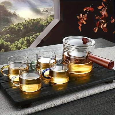 1/5-teiliges Teekannenset aus Glas, 1 Teekanne und 4 Teetassen, elektrischer Keramikherd, Teebereiter, hochtemperaturbeständige Filterteekanne mit Holzgriff, Kung