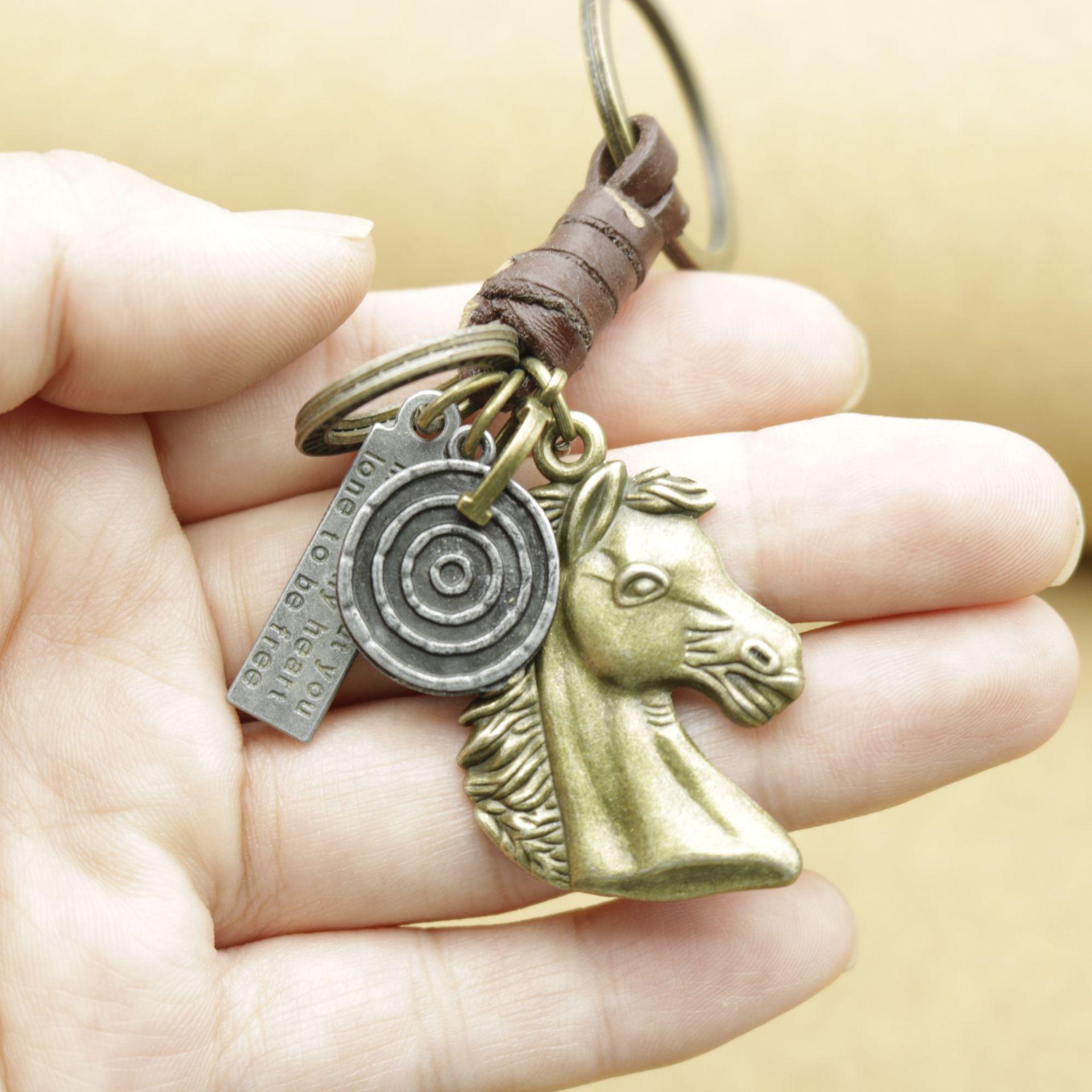 Antique Bronze Horse Head Leather Keychain with Woven Cowhide Pendant - Unisex Gift