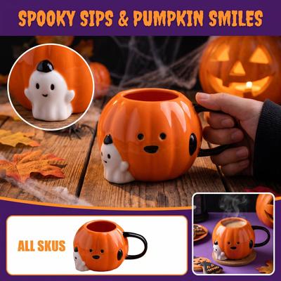 Ceramic Pumpkin Shaped Mug with Ghost Accent Halloween Themed Coffee Cup Novelty Design for Seasonal Use and Home Kitchen Collection