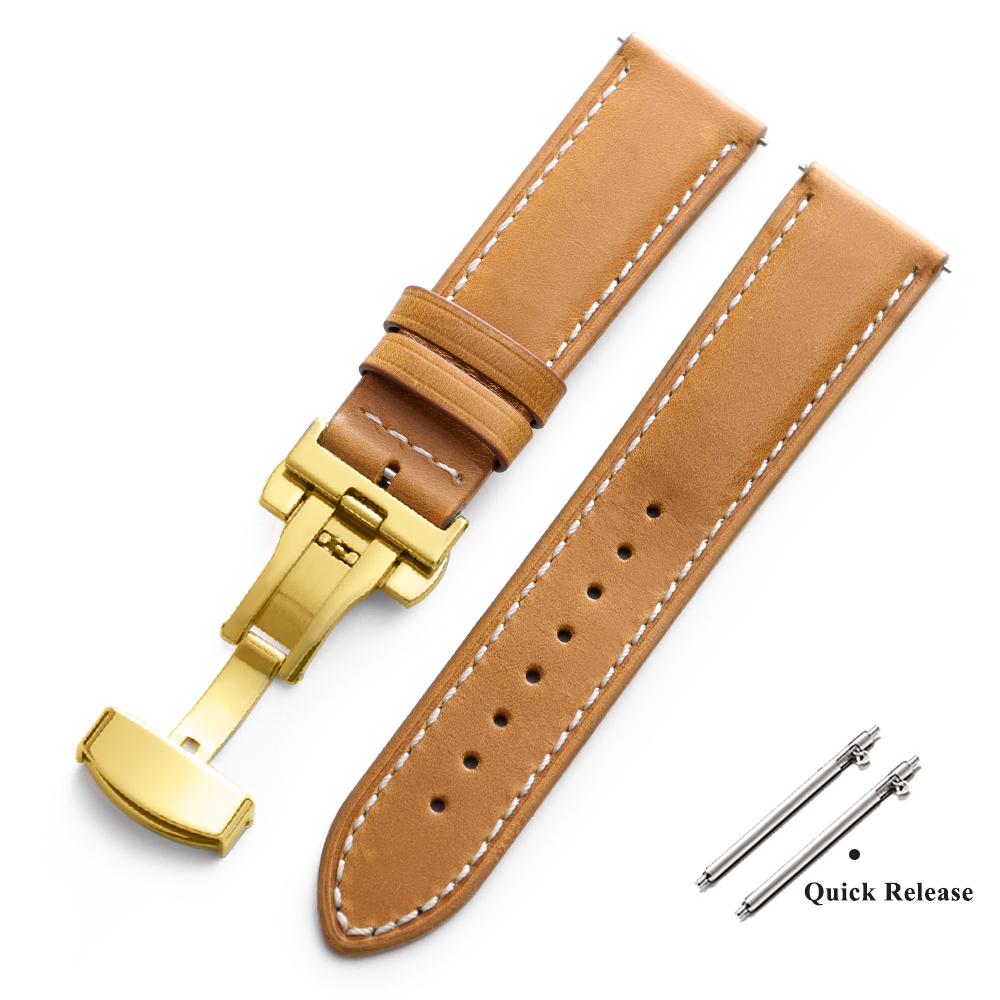 Vintage Oljebetsat Läder Klockarmband 18mm 20mm 22mm Universellt Huvud Lager Ko Läder Klockarmbands Tillbehör Fjärilsspänne Armband